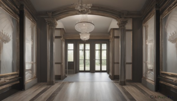 day,indoors,tree,no humans,window,sunlight,plant,curtains,scenery,wooden floor,stairs,door,architecture,pillar,ceiling,ceiling light,reflective floor,chandelier,reflection,candle,painting (object),carpet,candlestand