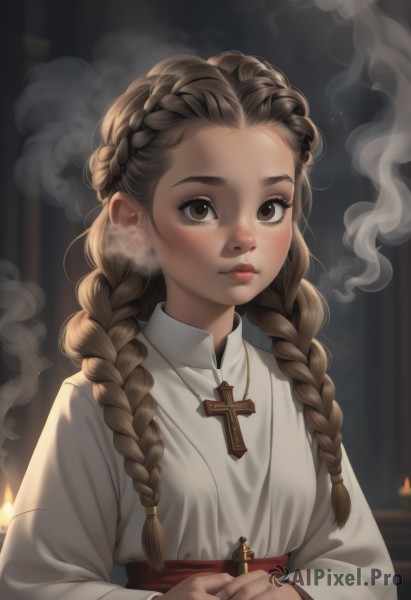 1girl,solo,long hair,looking at viewer,brown hair,long sleeves,holding,brown eyes,jewelry,closed mouth,upper body,braid,necklace,blurry,twin braids,lips,blurry background,own hands together,cross,forehead,smoke,freckles,candle,cross necklace,blush,artist name,nose,latin cross,candlestand,multiple braids