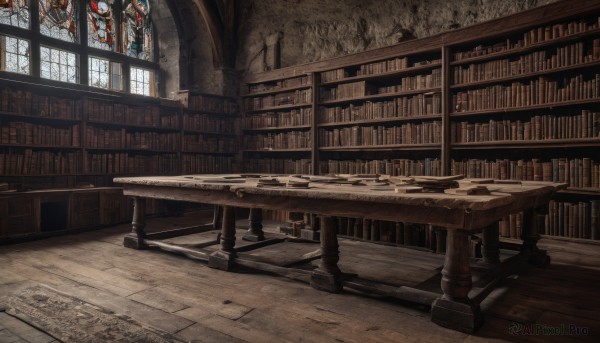 indoors,book,no humans,window,shadow,chair,table,sunlight,scenery,wooden floor,stairs,bookshelf,architecture,library,stained glass,ladder,carpet,voile,day,open book,fantasy,church,chandelier