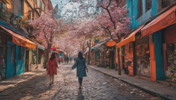 long hair, multiple girls, brown hair, black hair, 2girls, outdoors, day, bag, tree, coat, dutch angle, cherry blossoms, building, scenery, walking, city, road, autumn leaves, street, blue coat, autumn, pavement, vanishing point