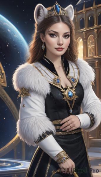 1girl,solo,long hair,breasts,looking at viewer,smile,brown hair,long sleeves,dress,holding,animal ears,cleavage,brown eyes,jewelry,medium breasts,earrings,black dress,lips,fur trim,makeup,ring,tiara,crown,lipstick,gem,star (sky),gold trim,red lips,space,planet,earth (planet),scepter,necklace,moon,realistic