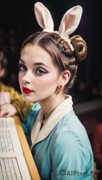 1girl,looking at viewer,blue eyes,multiple girls,brown hair,holding,2girls,animal ears,jewelry,closed mouth,upper body,braid,hairband,earrings,solo focus,3girls,hair bun,rabbit ears,mole,blurry,lips,grey eyes,makeup,depth of field,blurry background,fake animal ears,single hair bun,lipstick,eyeshadow,freckles,realistic,red lips,braided bun,solo,short hair,hair ornament,parted lips,book,eyelashes,nose