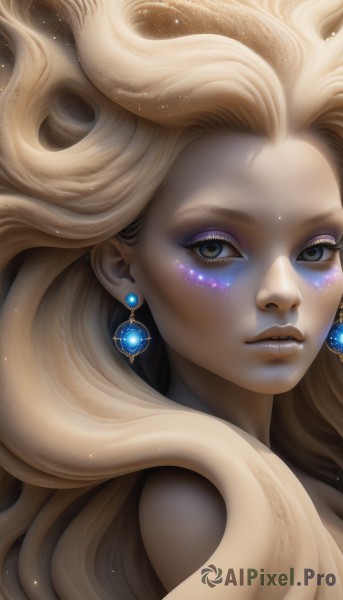 1girl,solo,long hair,looking at viewer,blonde hair,bare shoulders,jewelry,closed mouth,earrings,teeth,artist name,lips,grey eyes,eyelashes,makeup,watermark,lipstick,gem,portrait,eyeshadow,nose,eyeliner,mascara,blush,blue eyes,upper body,nude,parted lips,wavy hair,realistic