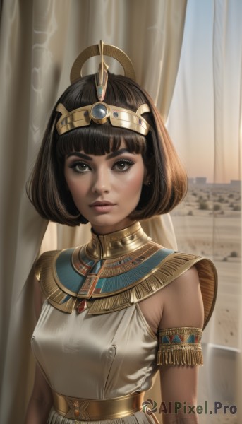 1girl,solo,breasts,looking at viewer,short hair,bangs,brown hair,black hair,dress,brown eyes,jewelry,medium breasts,closed mouth,upper body,small breasts,sleeveless,artist name,dark skin,blunt bangs,necklace,white dress,dark-skinned female,lips,makeup,sleeveless dress,bob cut,tiara,curtains,gem,armlet,realistic,headpiece,nose,eyeliner,gold,egyptian,egyptian clothes,gorget,eye of horus,usekh collar,hair ornament,earrings,outdoors,sky,day,black eyes,eyelashes,expressionless,thick eyebrows,backlighting,dirty,pillar,desert