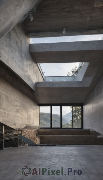 outdoors,sky,day,cloud,indoors,tree,no humans,window,sunlight,building,scenery,stairs,fence,railing,water,blue sky,cloudy sky,rain,wooden floor,mountain,wall,wood