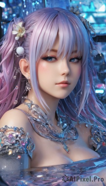 1girl,solo,long hair,breasts,looking at viewer,bangs,blue eyes,large breasts,hair ornament,cleavage,bare shoulders,jewelry,medium breasts,closed mouth,upper body,pink hair,purple hair,flower,nude,earrings,hair flower,water,necklace,blurry,two side up,lips,eyelashes,gem,partially submerged,realistic,nose,bathing,hair between eyes,twintails,artist name,portrait,close-up,freckles