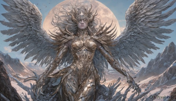 1girl,solo,long hair,breasts,medium breasts,closed mouth,standing,weapon,grey hair,cowboy shot,outdoors,wings,sky,sword,cloud,armor,lips,colored skin,bird,moon,helmet,shoulder armor,gauntlets,feathered wings,facing viewer,full moon,pauldrons,breastplate,mountain,fantasy,grey skin,closed eyes,day,pointy ears,blue sky,floating hair,claws,angel wings,headpiece,armored dress,vambraces,faulds