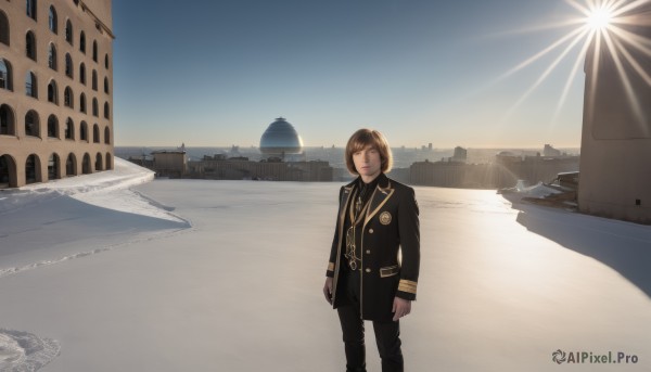 1girl,solo,looking at viewer,short hair,bangs,brown hair,shirt,long sleeves,brown eyes,standing,jacket,outdoors,necktie,sky,day,pants,water,uniform,lips,black jacket,military,military uniform,buttons,black pants,sunlight,building,scenery,sunset,city,arms at sides,sun,watercraft,sunrise,blue sky,ship,desert