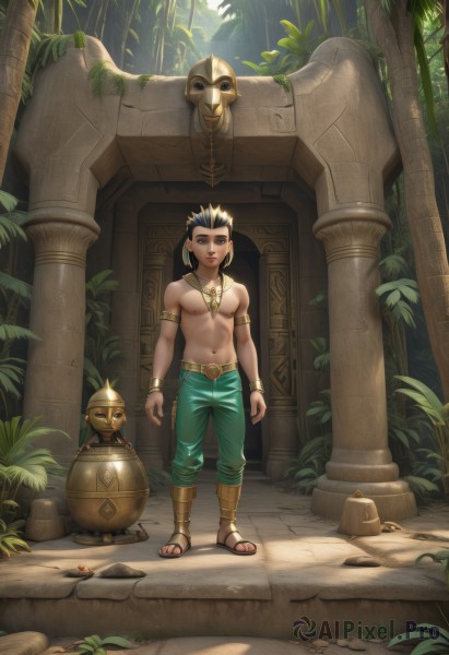 solo,looking at viewer,black hair,1boy,navel,jewelry,nipples,standing,full body,male focus,multicolored hair,earrings,outdoors,pants,necklace,bracelet,tree,muscular,abs,sandals,pectorals,plant,spiked hair,nature,armlet,topless male,pillar,statue,short hair,brown hair,day,facial mark,helmet,muscular male,forest,male child,column