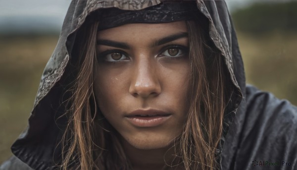 1girl,solo,long hair,looking at viewer,brown hair,brown eyes,closed mouth,parted lips,hood,blurry,lips,depth of field,blurry background,portrait,veil,hood up,freckles,realistic,nose,1boy,outdoors,parody,close-up