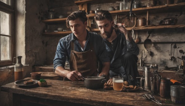 brown hair,shirt,black hair,brown eyes,male focus,food,multiple boys,indoors,2boys,apron,cup,window,facial hair,bottle,knife,beard,sleeves rolled up,bowl,realistic,spoon,mustache,stubble,cooking,kitchen,jar,frying pan,sink,kitchen knife,cutting board,tattoo