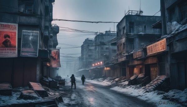 standing,outdoors,multiple boys,sky,2boys,ground vehicle,building,scenery,snow,snowing,city,sign,road,ruins,multiple others,power lines,street,utility pole,fog,from behind,winter,lamppost