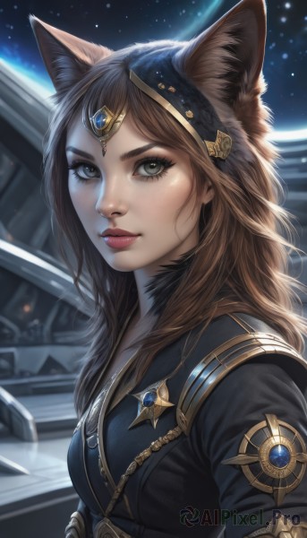 1girl,solo,long hair,breasts,looking at viewer,brown hair,animal ears,jewelry,upper body,parted lips,artist name,cat ears,signature,lips,animal ear fluff,grey eyes,eyelashes,makeup,gem,star (sky),circlet,nose,red lips,space,bangs,medium breasts,wolf ears,freckles,realistic