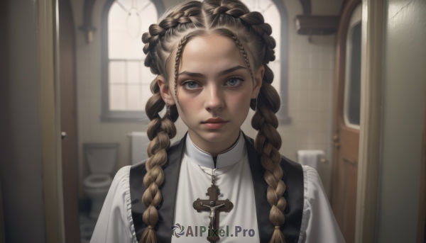 1girl,solo,long hair,looking at viewer,blue eyes,blonde hair,brown hair,shirt,jewelry,closed mouth,white shirt,upper body,braid,indoors,blurry,vest,twin braids,lips,grey eyes,blurry background,cross,portrait,forehead,freckles,realistic,door,straight-on,multiple braids,bangs,dress,multicolored hair,depth of field,nose