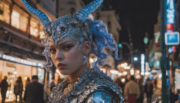 1girl,solo,looking at viewer,short hair,blue eyes,jewelry,closed mouth,blue hair,upper body,earrings,outdoors,horns,solo focus,necklace,blurry,lips,eyelashes,makeup,night,depth of field,blurry background,gem,portrait,curly hair,city,realistic,nose,crowd,city lights,blue horns,brown eyes,headgear,lipstick,building,eyeshadow,headpiece,headdress,red lips