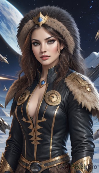 1girl,solo,long hair,breasts,looking at viewer,brown hair,long sleeves,cleavage,brown eyes,jewelry,medium breasts,upper body,parted lips,sky,belt,artist name,signature,lips,fur trim,no bra,wavy hair,moon,gem,star (sky),snow,starry sky,gold trim,mountain,nose,center opening,space,planet,earth (planet),spacecraft,plunging neckline,blush,jacket,hood,realistic