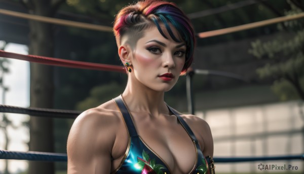 1girl,solo,breasts,looking at viewer,short hair,black hair,cleavage,bare shoulders,brown eyes,jewelry,medium breasts,collarbone,swimsuit,upper body,pink hair,bikini,multicolored hair,earrings,outdoors,mole,blurry,two-tone hair,lips,makeup,blurry background,floral print,lipstick,asymmetrical hair,realistic,nose,red lips,undercut,large breasts,brown hair,parted lips,bikini top only,blue bikini,freckles