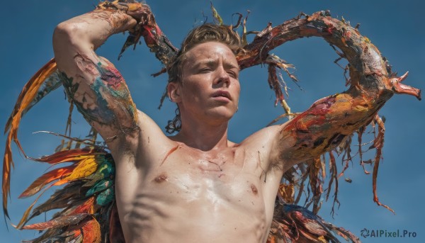 solo,open mouth,simple background,brown hair,black hair,1boy,nipples,collarbone,closed eyes,upper body,male focus,nude,parted lips,wings,horns,sky,armpits,arms up,lips,blue background,injury,realistic,armpit hair,short hair,closed mouth,outdoors,day,blue sky,blood,tattoo,feathers,topless male,very short hair