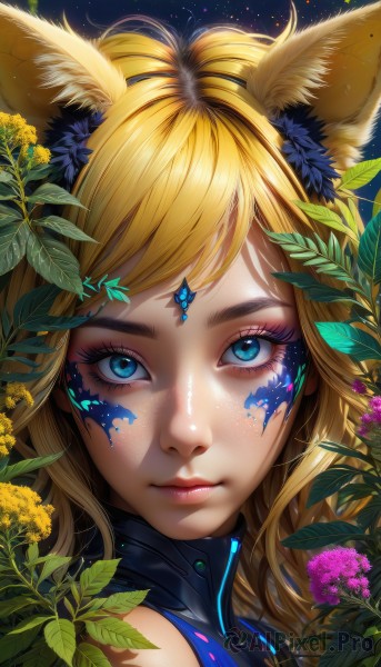 1girl,solo,long hair,looking at viewer,bangs,blue eyes,blonde hair,hair ornament,animal ears,bare shoulders,closed mouth,flower,hair flower,lips,fox ears,eyelashes,makeup,leaf,facial mark,bug,plant,butterfly,portrait,close-up,eyeshadow,freckles,nose,eyeliner,mascara,pink lips,yellow flower,facepaint,bodypaint,paint splatter,paint