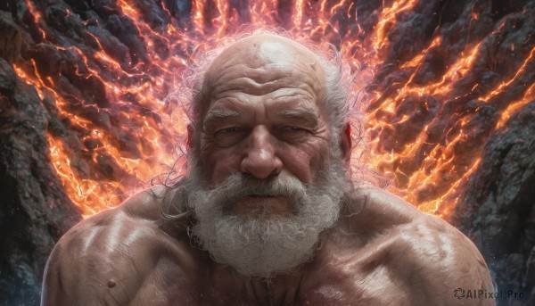 solo,looking at viewer,1boy,closed mouth,upper body,white hair,male focus,shiny,muscular,facial hair,scar,half-closed eyes,fire,muscular male,portrait,beard,veins,topless male,mature male,realistic,mustache,bald,manly,old,chest hair,old man,molten rock,wrinkled skin,collarbone,grey hair,nude,grey eyes,rock