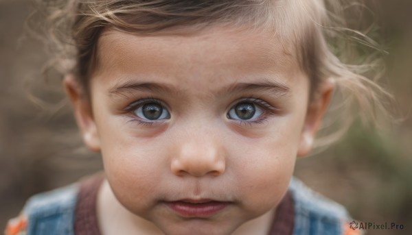 1girl,solo,looking at viewer,short hair,blue eyes,blonde hair,brown hair,brown eyes,closed mouth,blurry,lips,eyelashes,floating hair,depth of field,blurry background,wind,child,portrait,close-up,realistic,nose,shirt,1boy,male focus,freckles,striped shirt