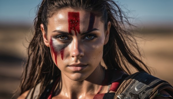 1girl,solo,long hair,looking at viewer,brown hair,black hair,brown eyes,closed mouth,armor,blurry,lips,blood,blurry background,facial mark,messy hair,portrait,forehead,blood on face,realistic,nose,facepaint,dirty,dirty face,outdoors,shiny,expressionless,close-up,serious,desert