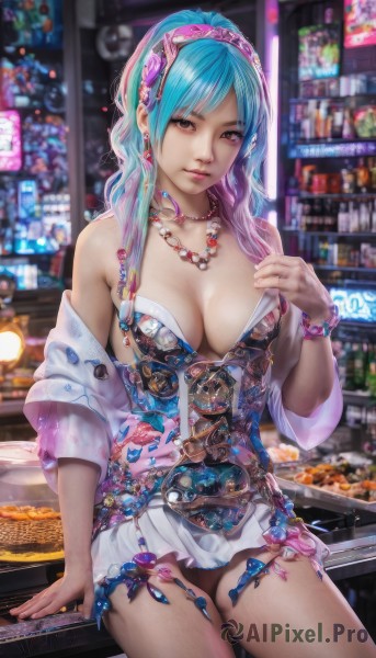 1girl,solo,long hair,breasts,looking at viewer,smile,bangs,skirt,large breasts,hair ornament,dress,cleavage,bare shoulders,brown eyes,jewelry,medium breasts,sitting,closed mouth,underwear,blue hair,ponytail,pink hair,thighs,multicolored hair,hairband,earrings,food,indoors,hand up,necklace,off shoulder,blurry,bracelet,two-tone hair,lips,fingernails,aqua hair,gradient hair,blurry background,short dress,ring,realistic,nose,counter,artist name,signature,arm support,watermark,piercing,knife,web address,science fiction,beads,shop,cyberpunk,vending machine,neon lights