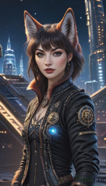 1girl,solo,breasts,looking at viewer,smile,short hair,bangs,brown hair,black hair,gloves,long sleeves,animal ears,brown eyes,jewelry,jacket,upper body,earrings,small breasts,outdoors,parted lips,open clothes,sky,belt,medium hair,necklace,open jacket,lips,black jacket,grey eyes,fox ears,makeup,night,lipstick,building,star (sky),night sky,pendant,zipper,starry sky,freckles,hoop earrings,city,nose,hands in pockets,red lips,cityscape,leather,leather jacket,blush,cleavage,medium breasts,artist name,animal ear fluff,eyelashes,thick eyebrows,extra ears,realistic,badge,mascara,city lights