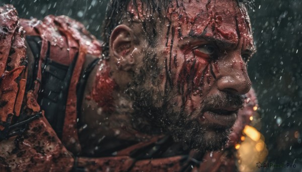 solo,brown hair,gloves,1boy,holding,weapon,male focus,holding weapon,gun,military,blood,facial hair,holding gun,rifle,beard,snow,snowing,realistic,mustache,assault rifle,manly,black hair,upper body,blurry,black eyes,from side,portrait,blood on face