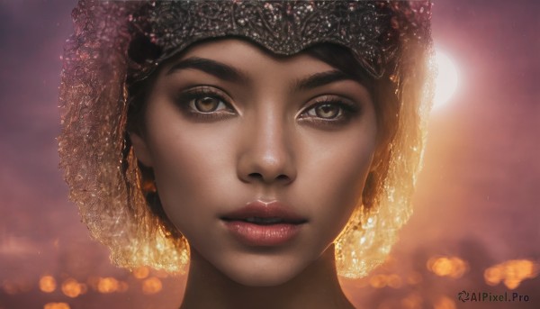 1girl,solo,looking at viewer,short hair,brown hair,black hair,brown eyes,jewelry,parted lips,sky,teeth,dark skin,blurry,dark-skinned female,lips,eyelashes,depth of field,blurry background,watermark,moon,portrait,veil,backlighting,realistic,nose,close-up,lens flare,bokeh