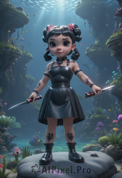 1girl,solo,looking at viewer,smile,short hair,bangs,skirt,black hair,dress,holding,bare shoulders,twintails,brown eyes,jewelry,standing,full body,weapon,flower,earrings,boots,parted lips,shoes,sleeveless,sword,artist name,blunt bangs,water,hair bun,black footwear,holding weapon,mole,black eyes,black dress,collar,bracelet,lips,mole under eye,double bun,tattoo,sleeveless dress,holding sword,knife,short twintails,child,armband,twin drills,armlet,fish,dual wielding,light rays,rock,underwater,female child,ankle boots,holding knife,dagger,turtle,breasts,hair ornament,small breasts,outdoors,teeth,choker,necklace,makeup,sunlight,bug,plant,backlighting,air bubble,arm tattoo,arm strap,shoulder tattoo,chest tattoo,reverse grip,leg tattoo,aquarium