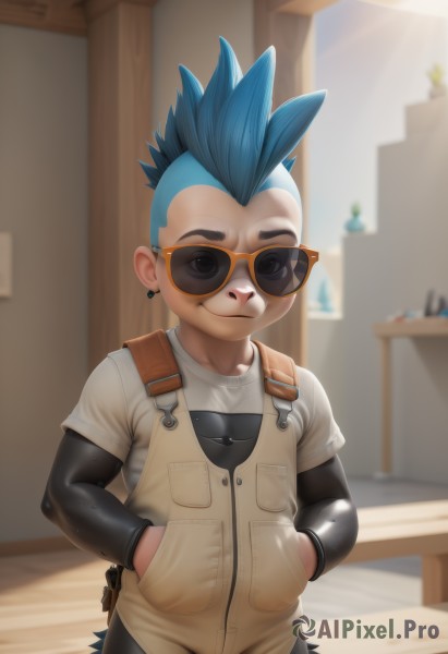 solo,looking at viewer,smile,shirt,1boy,jewelry,closed mouth,blue hair,tail,white shirt,male focus,earrings,day,artist name,indoors,bag,blurry,black eyes,bodysuit,blurry background,sunglasses,backpack,spiked hair,zipper,personification,pocket,hands in pockets,tinted eyewear,mohawk,lizard tail,short hair,outdoors