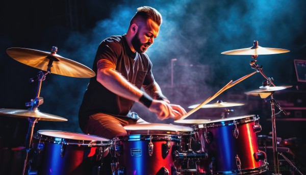 solo,brown hair,shirt,1boy,sitting,male focus,facial hair,parody,wristband,instrument,realistic,music,playing instrument,drum,drumsticks,drum set,pants,vest,beard,guitar,keyboard (instrument)