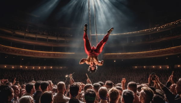 black hair,1boy,jacket,male focus,multiple boys,shoes,solo focus,pants,muscular,6+girls,abs,6+boys,topless male,upside-down,red pants,crowd,stage,spotlight,stage lights,hanging,stadium,wrestling ring,concert,audience,solo,hat,facial hair,jumping