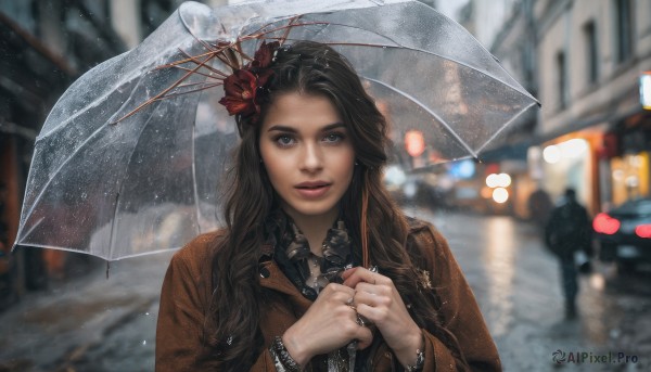 1girl,solo,long hair,looking at viewer,smile,brown hair,black hair,hair ornament,holding,brown eyes,jewelry,jacket,upper body,flower,outdoors,parted lips,hair flower,blurry,bracelet,lips,coat,depth of field,blurry background,umbrella,ring,ground vehicle,motor vehicle,rain,watch,holding umbrella,city,realistic,car,wristwatch,road,transparent,street,transparent umbrella,night,leather,leather jacket