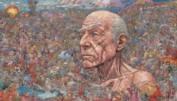 blue eyes,multiple girls,1boy,weapon,white hair,grey hair,male focus,multiple boys,water,facial hair,6+girls,scar,traditional media,building,scenery,beard,fish,science fiction,6+boys,city,realistic,aircraft,mustache,everyone,cityscape,watercraft,bald,giant,old,old man,castle,ship,boat,alien,spacecraft,old woman,army,smile,short hair,blonde hair,brown hair,black hair,hat,holding,glasses,sword,uniform,gun,military,military uniform,muscular,fire,robot,ground vehicle,mecha,motor vehicle,military vehicle,tank