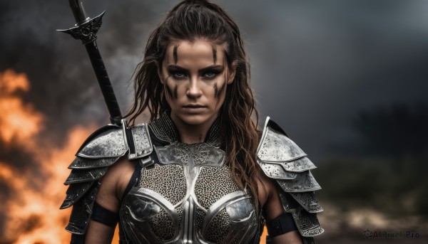 1girl,solo,long hair,looking at viewer,brown hair,black hair,brown eyes,closed mouth,upper body,weapon,sword,dark skin,armor,blurry,black eyes,dark-skinned female,lips,tattoo,blurry background,facial mark,shoulder armor,armband,pauldrons,breastplate,weapon on back,chainmail,scar,fire,scar on face,serious,scar across eye