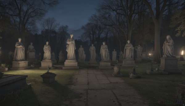 sitting,outdoors,sky,tree,no humans,night,crossed arms,grass,plant,nature,scenery,candle,bare tree,statue,tombstone,graveyard,day,night sky,bush,dark,path,stone lantern