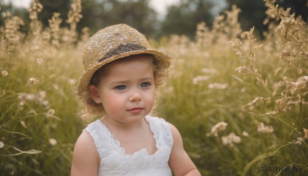 1girl,solo,short hair,blue eyes,blonde hair,brown hair,hat,dress,closed mouth,upper body,flower,outdoors,sleeveless,white dress,blurry,lips,sleeveless dress,blurry background,child,sun hat,realistic,straw hat,female child,parted lips,portrait