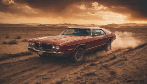 outdoors,sky,cloud,no humans,cloudy sky,ground vehicle,scenery,motor vehicle,smoke,mountain,car,road,vehicle focus,dust,wheel,sports car,ocean,sunset,sand,driving