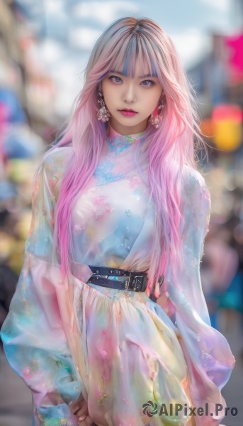 1girl,solo,long hair,looking at viewer,bangs,blue eyes,long sleeves,dress,jewelry,closed mouth,standing,purple eyes,upper body,pink hair,multicolored hair,earrings,belt,blurry,two-tone hair,lips,see-through,sleeves past wrists,gradient hair,makeup,depth of field,blurry background,chinese clothes,floral print,lipstick,realistic,red lips,breasts,cowboy shot,outdoors,parted lips,artist name,blunt bangs,white dress,grey eyes,watermark,fashion