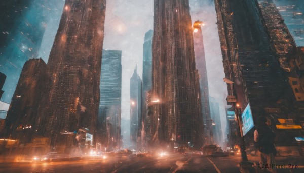 standing,outdoors,sky,cloud,night,ground vehicle,building,scenery,motor vehicle,science fiction,city,sign,car,road,cityscape,lamppost,street,skyscraper,traffic light,people,crosswalk,1girl,solo,realistic,light,city lights,lights