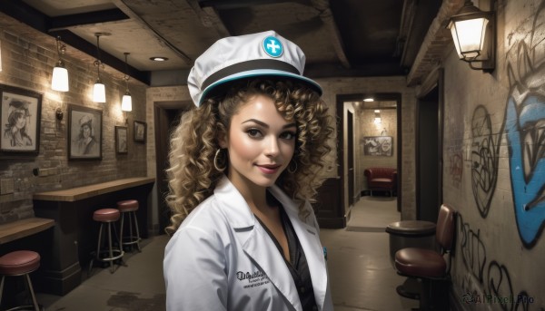 1girl,solo,long hair,looking at viewer,smile,blonde hair,brown hair,shirt,hat,brown eyes,jewelry,jacket,upper body,earrings,parted lips,indoors,uniform,lips,makeup,white headwear,lipstick,curly hair,hoop earrings,realistic,nose,sailor hat,lamp,stool,badge,shelf,labcoat,poster (object)