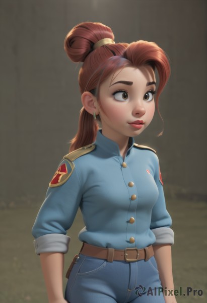 1girl,solo,long hair,breasts,smile,brown hair,shirt,brown eyes,jewelry,closed mouth,standing,ponytail,cowboy shot,earrings,belt,pants,hair bun,blurry,uniform,lips,makeup,buttons,blurry background,thick eyebrows,blue shirt,denim,sleeves rolled up,freckles,jeans,nose,arms at sides,blue pants,brown belt,police,police uniform,red hair,artist name,single hair bun