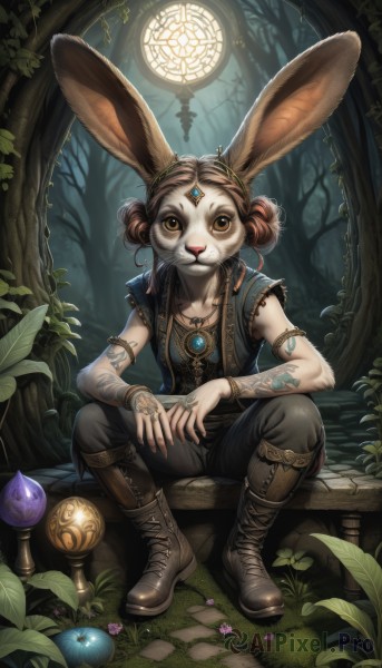 1girl,solo,looking at viewer,brown hair,animal ears,brown eyes,jewelry,sitting,flower,earrings,boots,pants,necklace,hair bun,nail polish,rabbit ears,bracelet,tree,fingernails,double bun,tattoo,leaf,brown footwear,ring,grass,plant,gem,nature,furry,armlet,forest,rabbit,furry female,arm tattoo,mushroom,log,leather boots,full body,yellow eyes,sleeveless,vest,copyright name,fantasy,rabbit girl