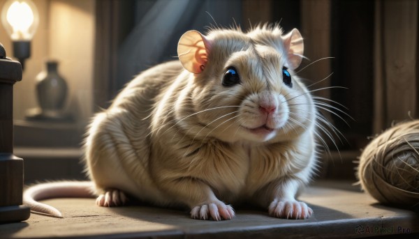 HQ,blue eyes,full body,indoors,blurry,no humans,depth of field,blurry background,animal,cat,curtains,claws,realistic,candle,animal focus,mouse,whiskers,lion,yarn,yarn ball,solo,looking at viewer,closed mouth,standing,signature,colored sclera,lamp,white fur