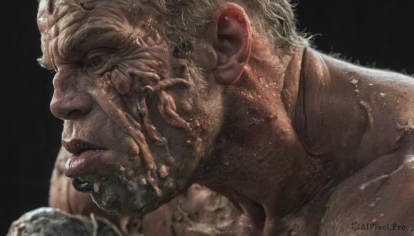 solo,blonde hair,simple background,1boy,closed mouth,male focus,nude,parted lips,blurry,from side,lips,wet,black background,portrait,close-up,realistic,nose,short hair,teeth,artist name,profile,muscular,piercing,veins,manly