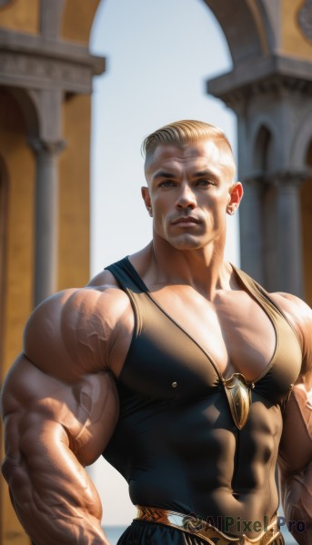 solo,looking at viewer,short hair,blonde hair,1boy,bare shoulders,brown eyes,jewelry,closed mouth,upper body,male focus,sleeveless,belt,blurry,muscular,blurry background,abs,pectorals,muscular male,bara,large pectorals,veins,realistic,bald,manly,biceps,covered abs,thick arms,veiny arms,shirt,outdoors,sky,day,artist name,covered nipples,tattoo,facial hair,scar,sunlight,tank top,mature male,black tank top,pectoral cleavage