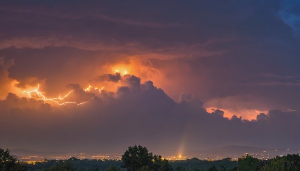 outdoors,sky,cloud,tree,no humans,cloudy sky,building,nature,scenery,forest,sunset,mountain,city,sun,electricity,lightning,landscape,signature,night,bird,grass,plant,fantasy,dragon,horizon,hill