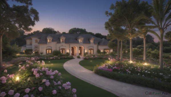 An iconic garden framed by a inviting sunset outdoors